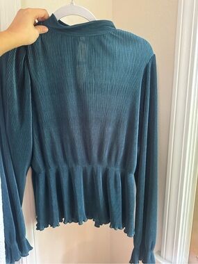 Teal Ribbed Peplum Long-Sleeve Top